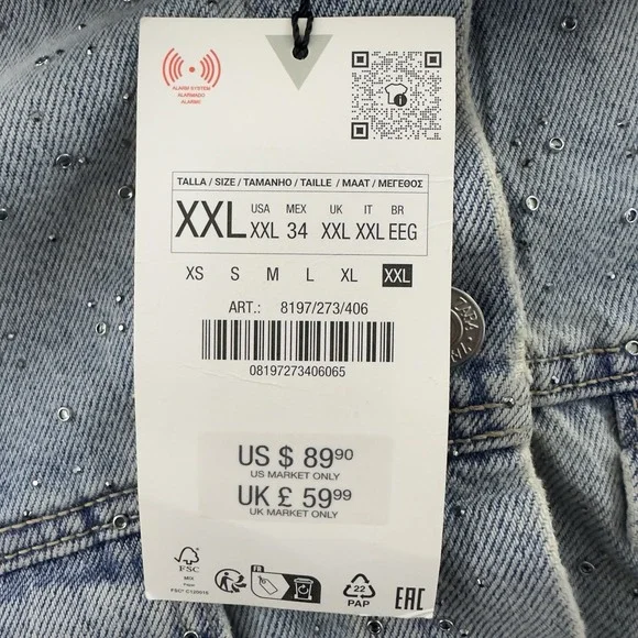 ZARA Women's Denim Jacket XXL‎ Blue Studded Rhinestone Embellished NWT - Picture 6 of 12